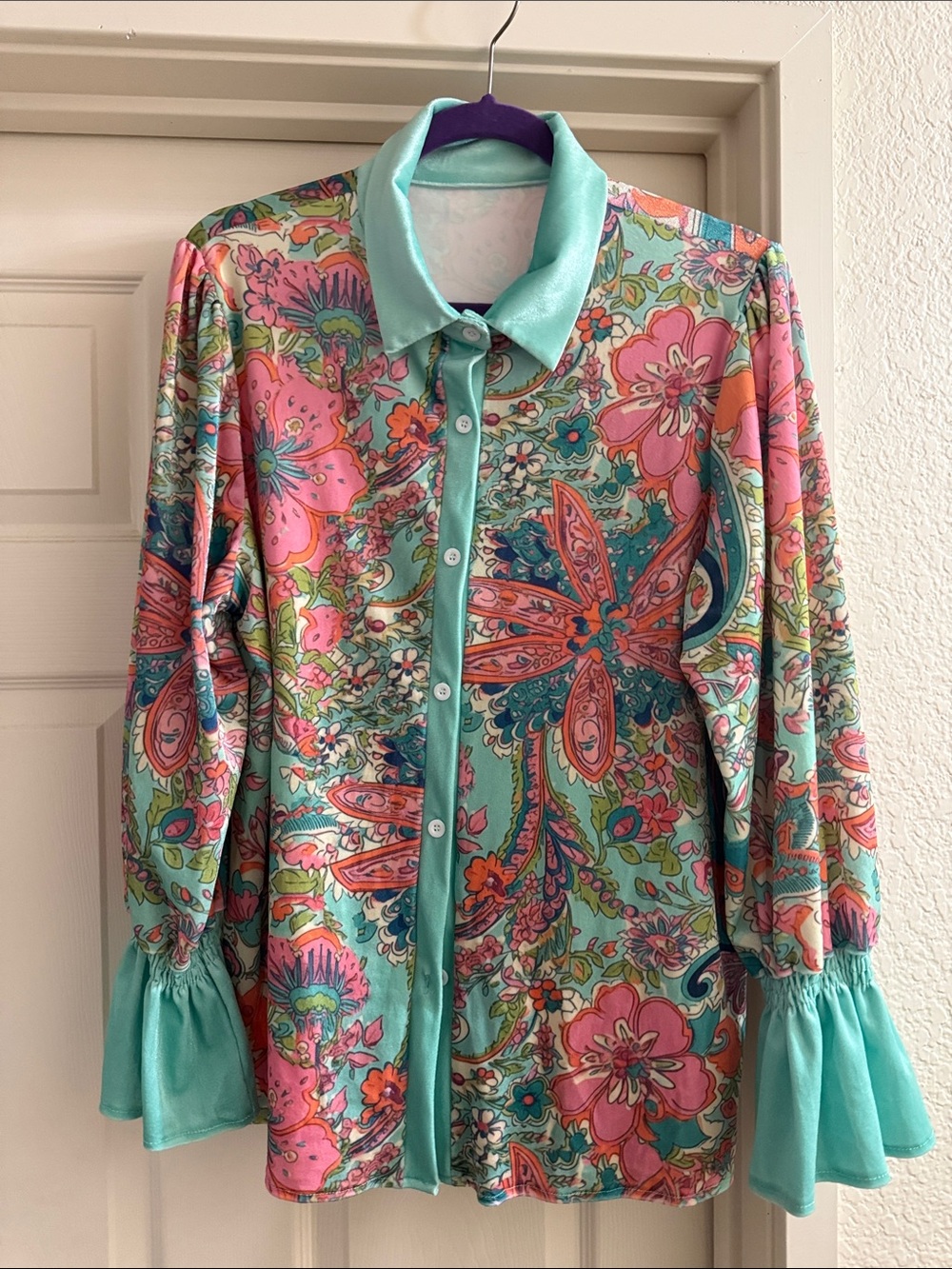 Women's Floral Paisley Button-Down Shirt in Aqua and Pink